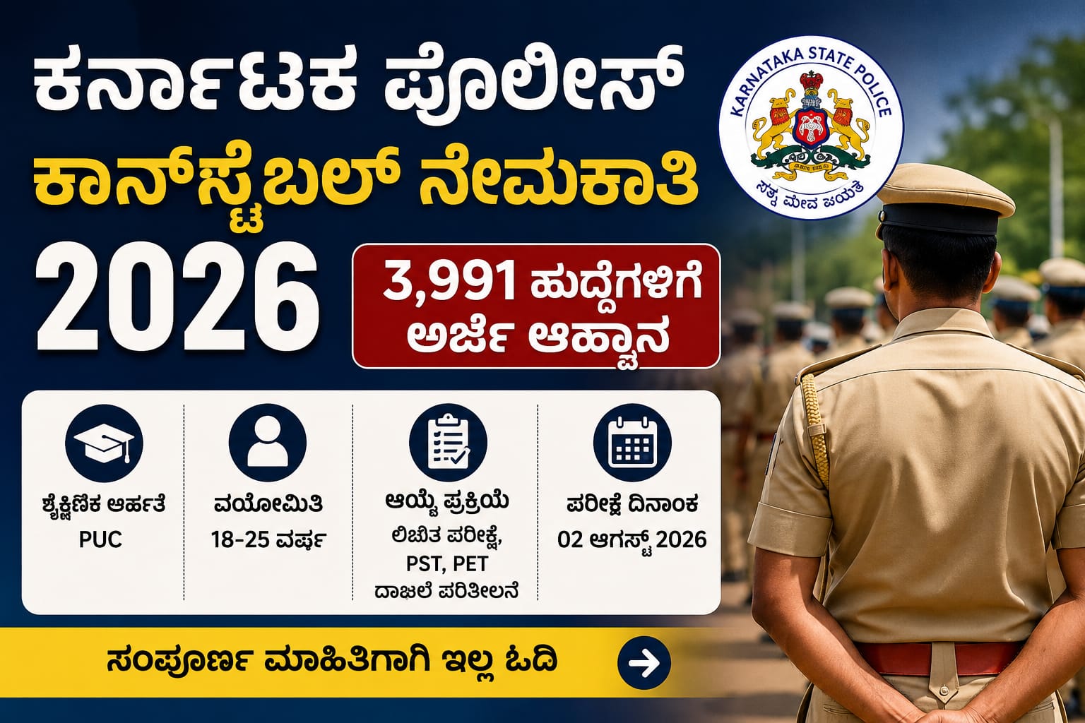 ಕರ್ನಾಟಕ ಪೊಲೀಸ್ ಕಾನ್‌ಸ್ಟೇಬಲ್ ನೇಮಕಾತಿ 2026ರ 3991 ಹುದ್ದೆಗಳ ನೇಮಕಾತಿ ಕುರಿತ ಮಾಹಿತಿ ಚಿತ್ರ