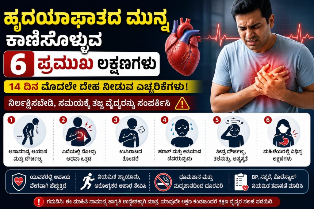 ಹೃದಯಾಘಾತದ ಮುನ್ನ ಕಾಣಿಸಿಕೊಳ್ಳುವ 6 ಪ್ರಮುಖ ಲಕ್ಷಣಗಳು