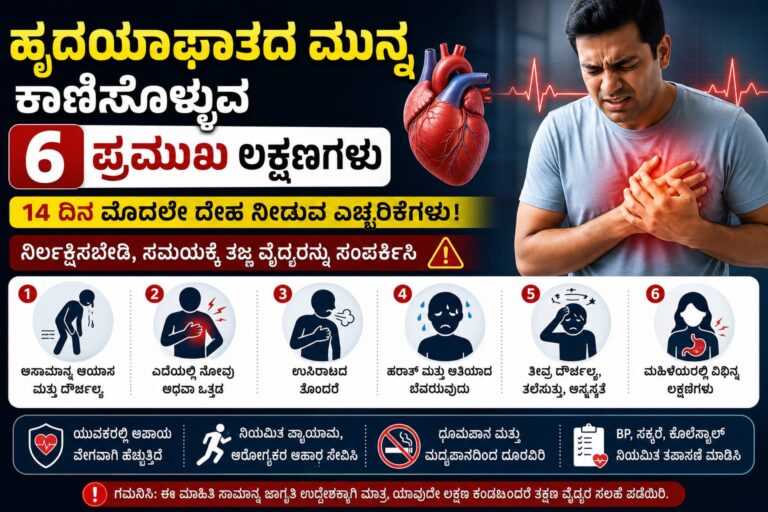 ಹೃದಯಾಘಾತದ ಮುನ್ನ ಕಾಣಿಸಿಕೊಳ್ಳುವ 6 ಪ್ರಮುಖ ಲಕ್ಷಣಗಳು